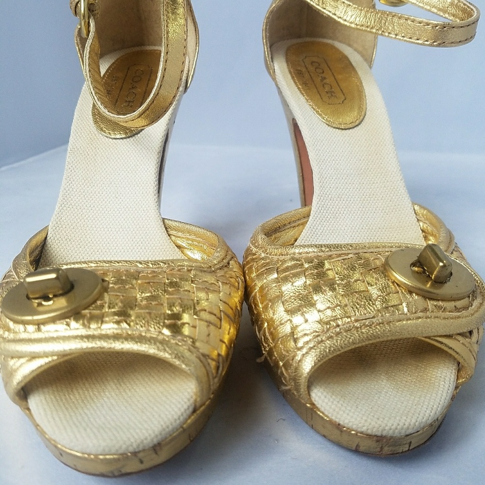 Coach Gold Metallic Peep-Toe Ankle-Strap Heels with Turn-Lock - Picture 5 of 8